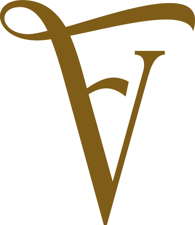Custom typography designed a monogram that shows a "V" and "F" combined together to stand for Velvet Fern. Styled in the beautiful color gold.